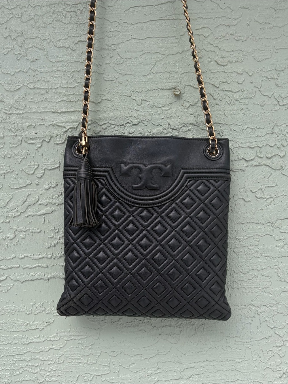 Tory Burch Black Quilted Leather Chain Shoulder Bag with Tassel